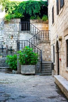 Old stone staircase of the authentic old town of Kotor, Montenegro. Stock Photos