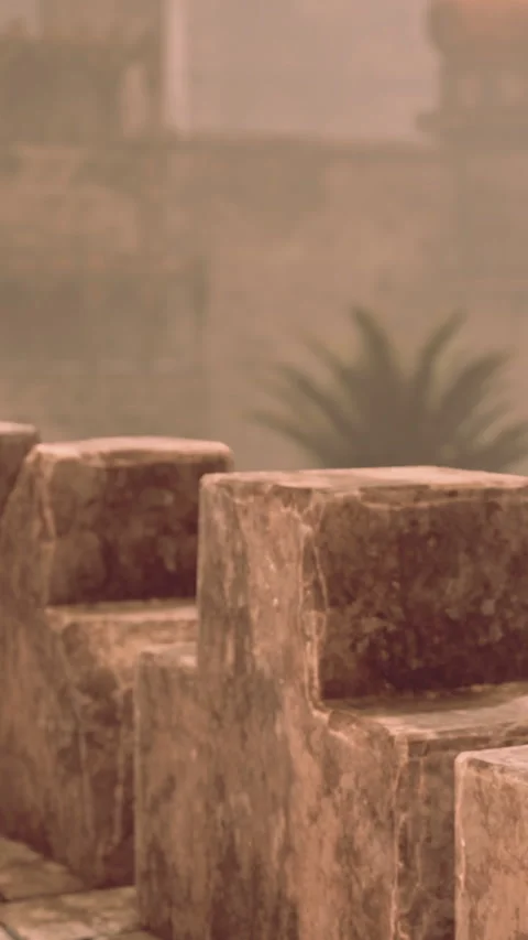 Old stone steps in ancient ruins with a palm tree in the background Stock Footage 339775113