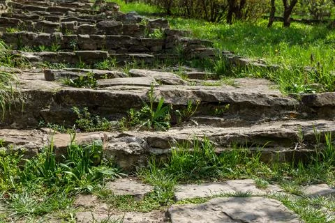 The old stone steps sprouted with grass Stock Photos