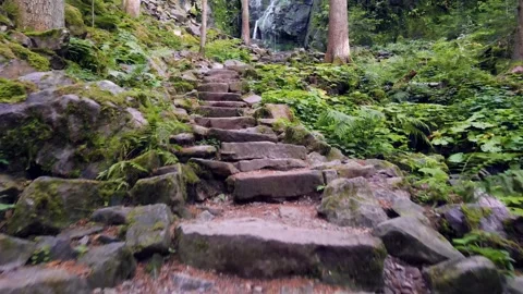 Old stone steps on the way to a wild waterfall Stock Footage 182036954