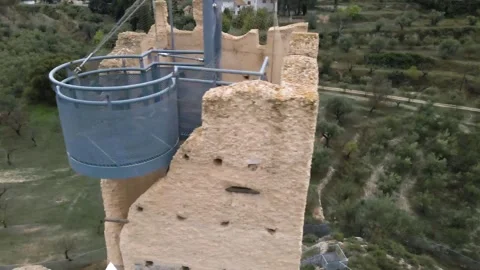 Old stone tower with an observation tower - Aerial view Stock Footage 240500709