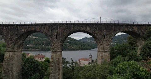 Old Stone Train Bridge in River Douro, Portugal Stock Footage 342330901