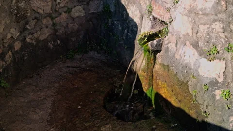 Old stone wall with natural spring water flowin Stock Footage 326271984