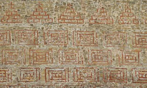 Old stone wall with red bricks hacking Antique stone wall texture with red... Stock-Fotos
