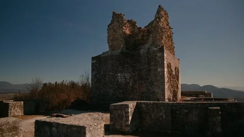 Old stone watch tower and defensive thick walls in Smlednik castle, Slovenia Stock Footage 149010561