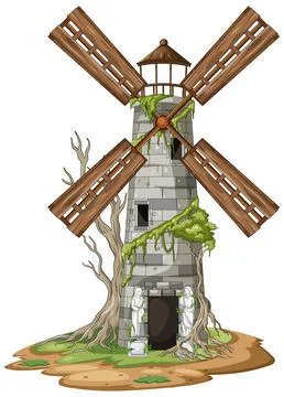 Old Stone Windmill Overgrown with Trees and Vines Stock Illustration