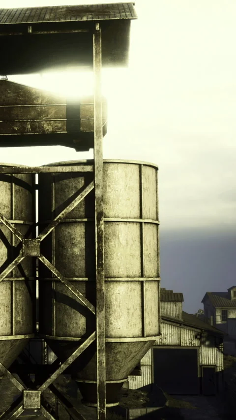 Old storage silos stand against a cloudy sky in an industrial area Vídeo Stock 336572148