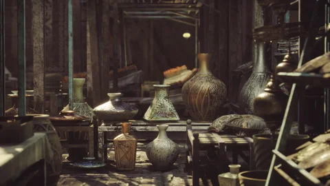Old storage space. Dusty ceramic storage filled with relics and cobwebs Stock Footage 341565465
