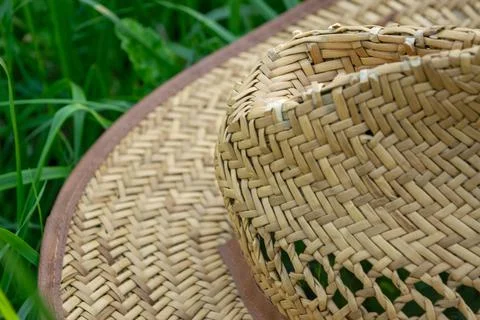 An old straw hat on the green grass, close-up, selective focus. Stock Photos