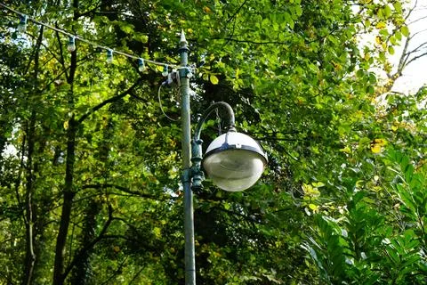 Old Street Lamp And String Lights Among Green Trees, Matlock Bath, England Stock Photos