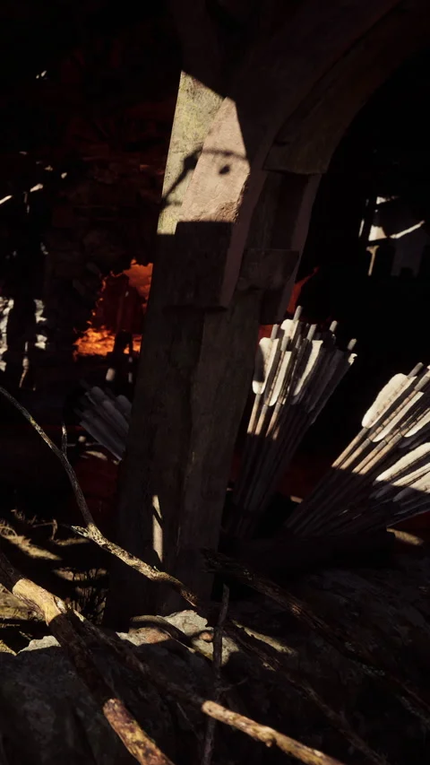 Old structure with arrows and branches under dim light in a hidden space Stock Footage 342098768