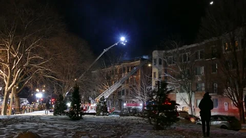 Old structure on fire with smoke at night Stock Footage 139663863
