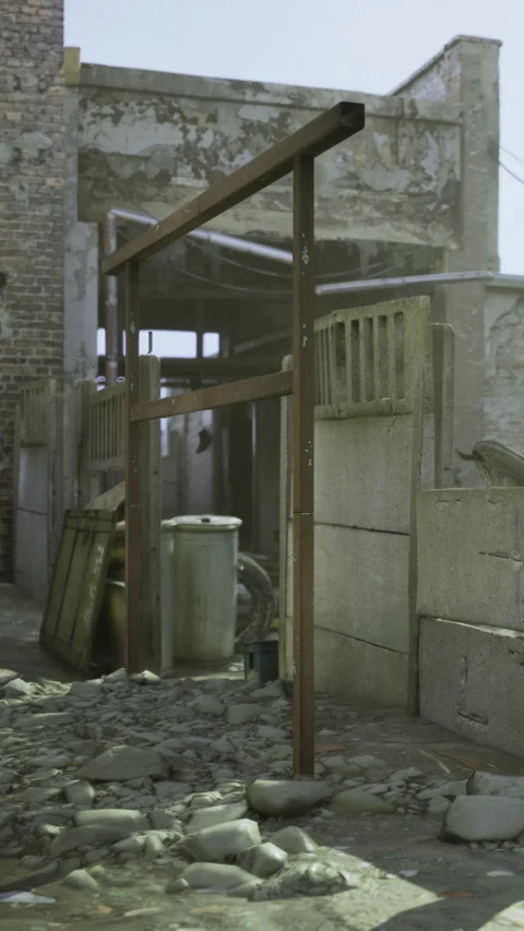 Old structure standing in a deserted area with broken rocks and debris Stock Footage 332219484