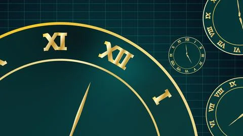 Old style antique clock animation. Multiple clocks moving. Stock Illustration