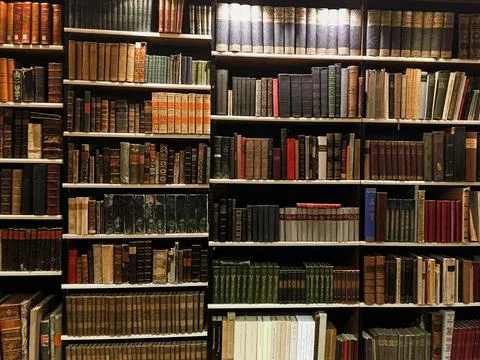 Old style book store with rows of books on a dusty shelf Stock Photos