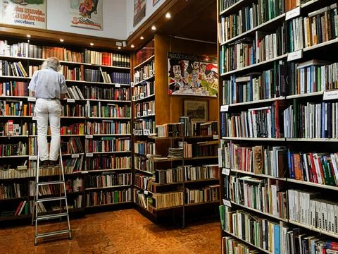 Old style book store with rows of books on a dusty shelf Stock-Fotos