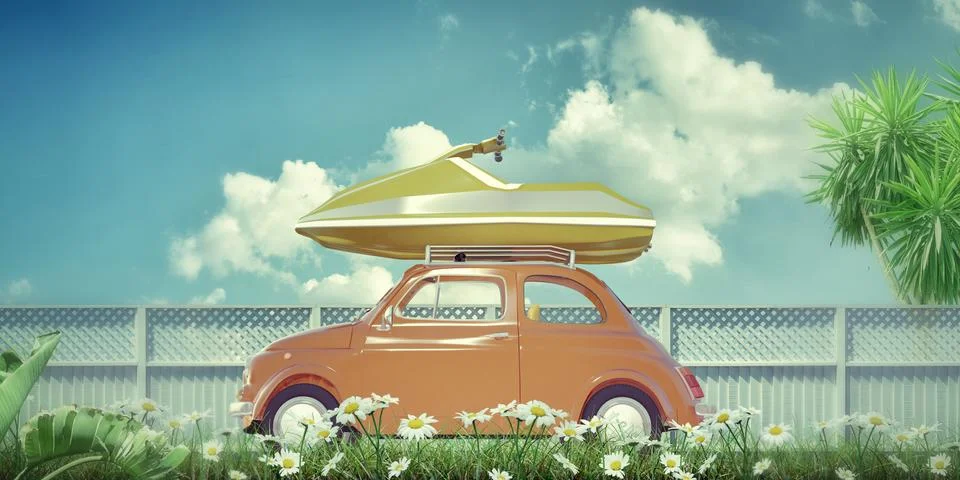 Old style car loading jetsky on top Stock Illustration