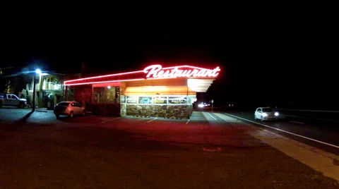 Old Style Generic Roadside Restaurant Cafe- Night Stock Footage 40049367