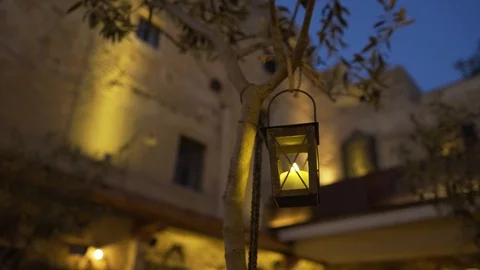 Old Style Hanging Candle Lantern at Night. Video stock 91780028