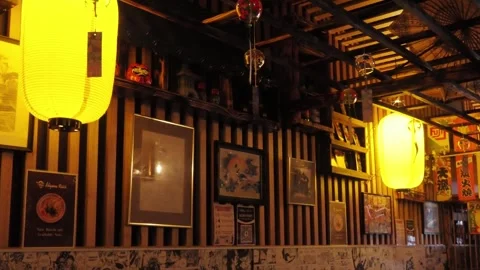 Old-style lantern and dim wooden interior design Stock Footage 337708638