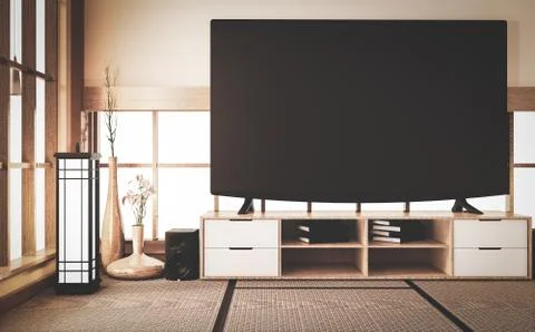 Old style, Mock up smart Tv on wooden cabinet design in room japanese style o Stock Illustration