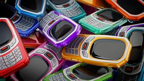 Old style multi colored mobile phones with keypad. 3D illustration Stock Illustration