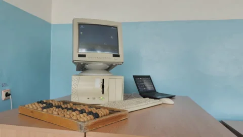 Old Style PC, Laptop And Vintage Abacus Together. Development Of Computing Tech Stock Footage 287872146