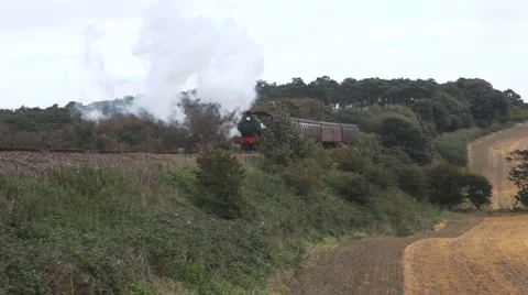 Old style steam train pulling passenger carriages Stock Footage 951749