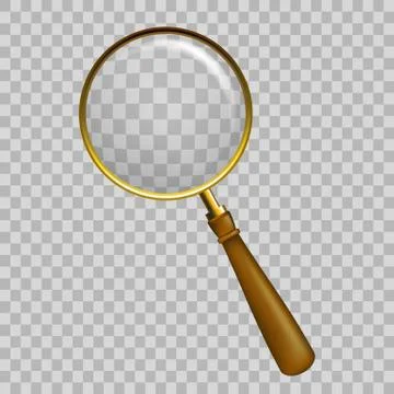 Old Style wooden with gold metal Magnify glass transparent lens, vector Stock Illustration