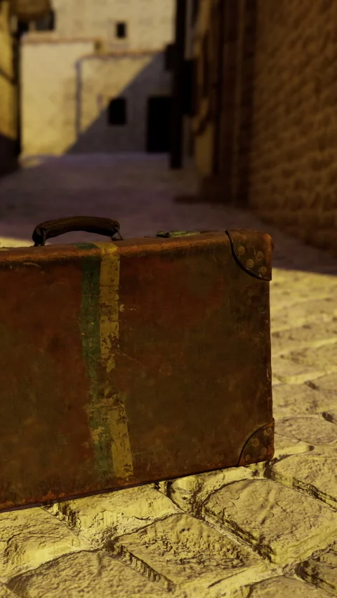 Old suitcase on cobblestone street in small town during late afternoon Stock Footage 331768243