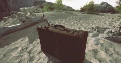 Old suitcase left on sandy beach in a remote location during sunset Stock Illustration