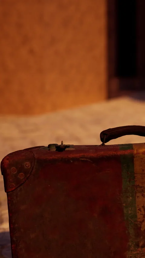 Old suitcase placed on the ground in a narrow alleyway during sunset Stock Footage 342351005
