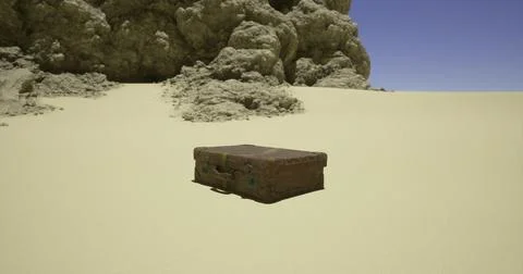 Old suitcase placed on sand surrounded by rocky formations in bright sunlight Stock Illustration