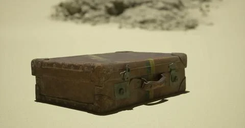 Old suitcase resting on desert sand near a rocky formation at midday Stock Illustration
