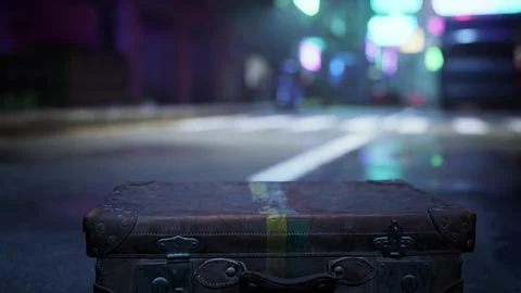 Old suitcase rests on empty wet street under neon lights at night Stock Illustration