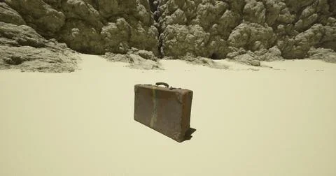 Old suitcase rests on sandy ground in a desolate canyon Stock Illustration