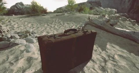 Old suitcase rests on sandy ground near rocky terrain and sparse vegetation Stock Illustration