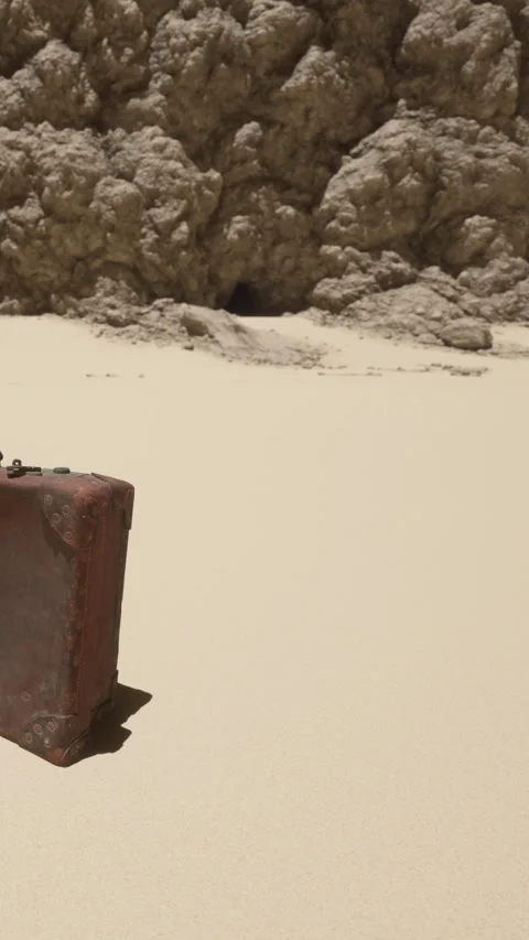 Old suitcase on sandy ground near rocky formation in desert setting Stock Footage 341968438