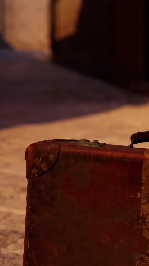 Old suitcase sits on dusty ground near building in quiet street area Stock Footage 342337791