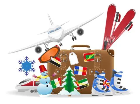 Old suitcase for travel and elements for a winter recreation vector illustrat Stock Illustration