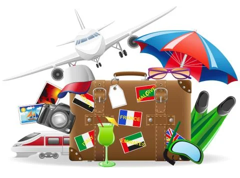 Old suitcase for travel and elements for a summer recreation vector illustrat Stock Illustration