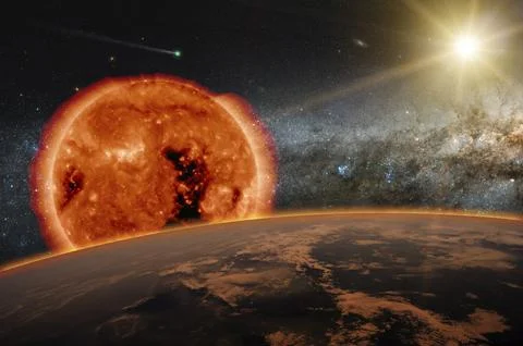 Old Sun over the dark planet Earth. A new star is born in the universe. A comet Stock Illustration