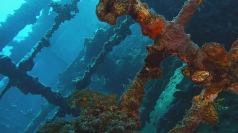 Old sunken ship in red sea, panning, railing, rigging Stock Footage 11114772