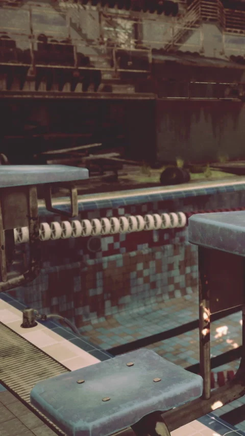 Old swimming pool area with diving boards and empty stands during the day Stock Footage 335690886
