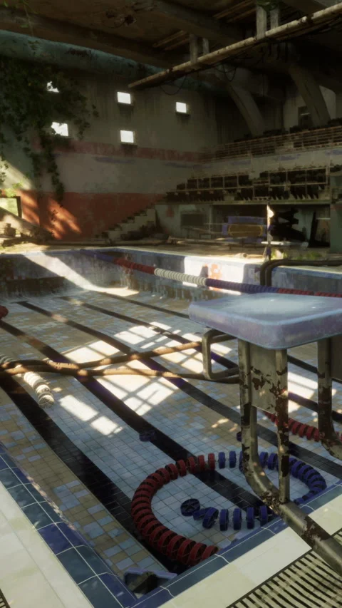 Old swimming pool with diving board and empty lanes at a sports facility Stock Footage 341252445