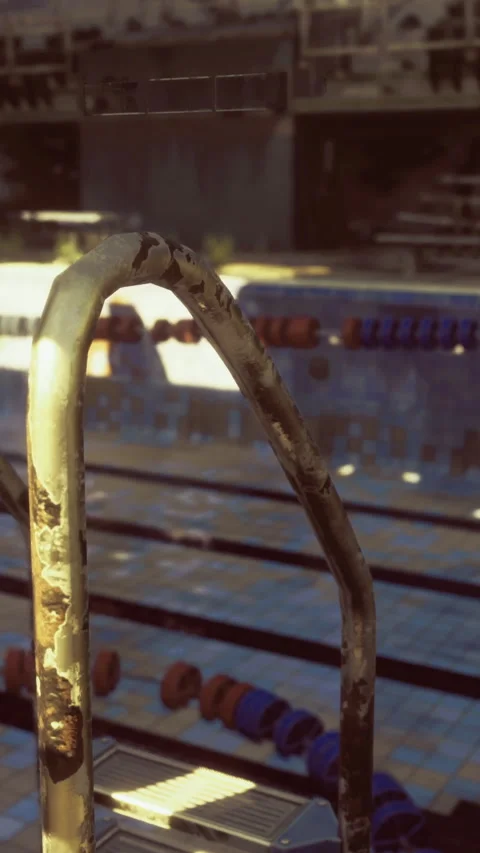 Old swimming pool with rusted ladder and sunlight shining on the tiles Stock Footage 319570583
