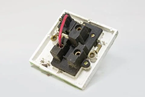 Old switch, Old wall power switch dirty switch board and box. Jack, socket. Stock-Fotos