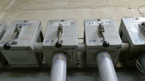 The old switchboards with the controls levers of industrial equipment Stock Footage 92264187