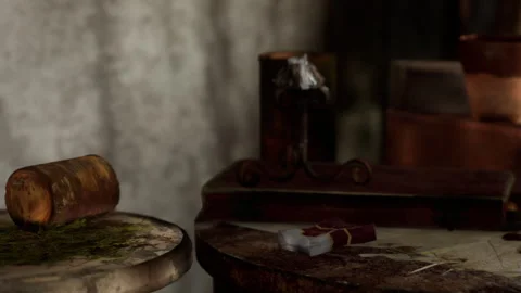 Old table with objects and green leaves in a rustic setting in a home Stock Footage 344963749