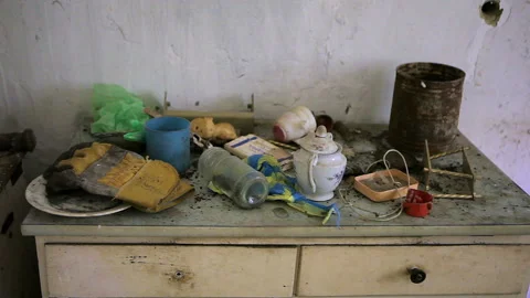 Old table with unnecessary things Stock Footage 102168173